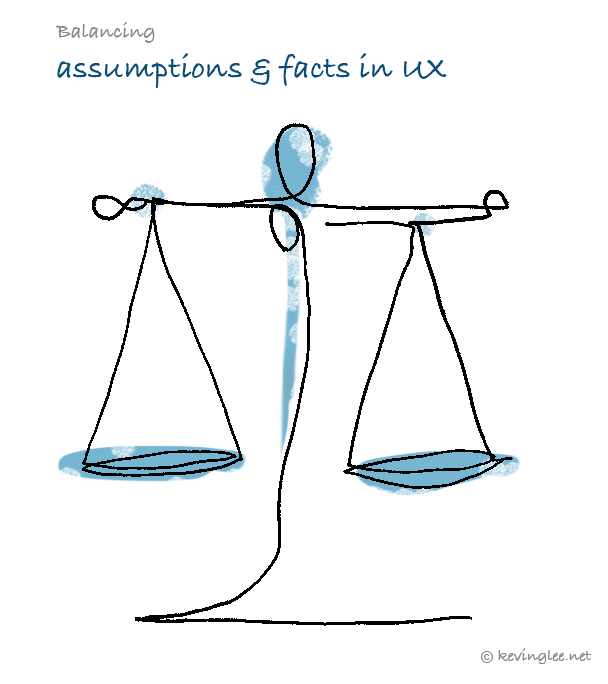 illustration of balancing act of assumptions & facts in UX
